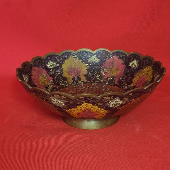 Vintage Solid Brass Enameled Footed Hand Painted Peacock Trinket Dish - Picture 7 of 11